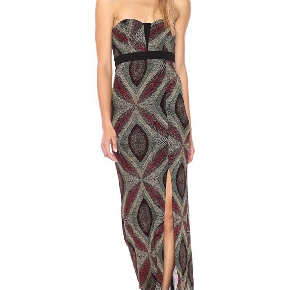 BCBGeneration Strapless Geometric Maxi Dress in Burgundy, Black & Gray